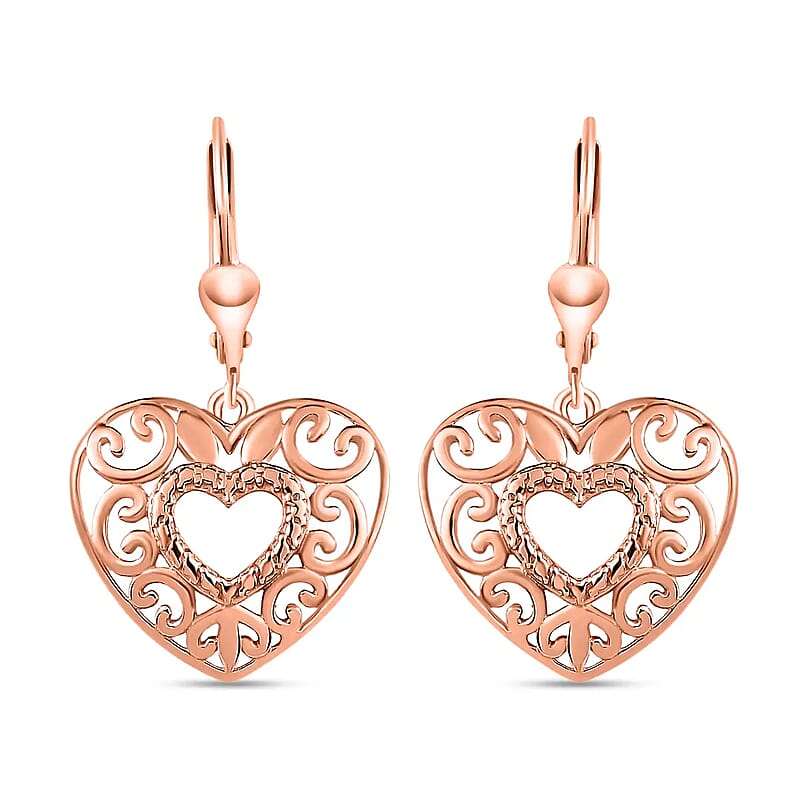 D'Joy Openwork Earrings, Filigree Earrings, Lever Back Earrings, Drop Earrings, 14K Rose Gold Plated Sterling Silver Earrings, Heart Earrings For Women, Jewelry Gifts For Birthday