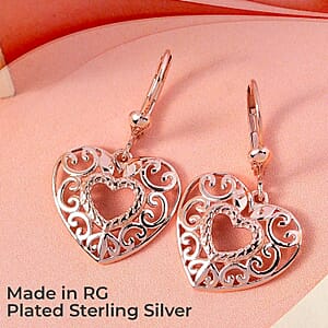 D'Joy Openwork Earrings, Filigree Earrings, Lever Back Earrings, Drop Earrings, 14K Rose Gold Plated Sterling Silver Earrings, Heart Earrings For Women, Jewelry Gifts For Birthday