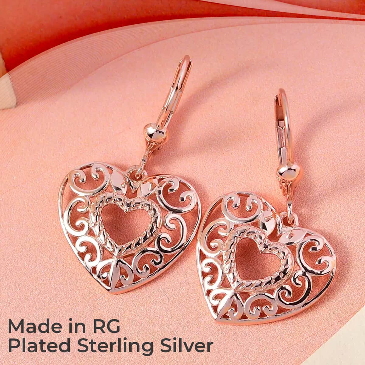 Mother’s Day Gift Openwork Earrings, Filigree Earrings, Lever Back Earrings, Drop Earrings, 14K Rose Gold Plated Sterling Silver Earrings, Heart Earrings For Women, Jewelry Gifts For Birthday image number 1