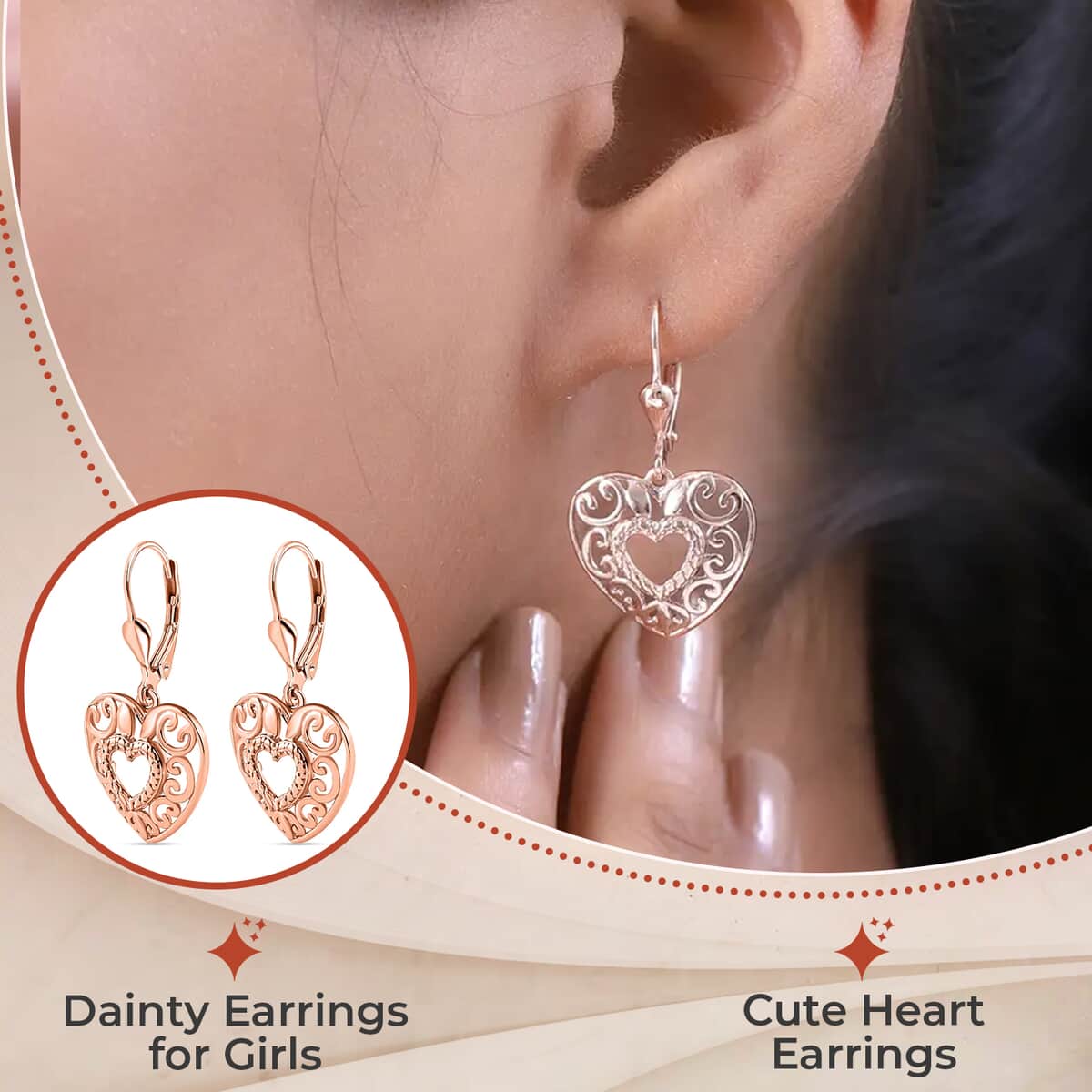Mother’s Day Gift Openwork Earrings, Filigree Earrings, Lever Back Earrings, Drop Earrings, 14K Rose Gold Plated Sterling Silver Earrings, Heart Earrings For Women, Jewelry Gifts For Birthday image number 2