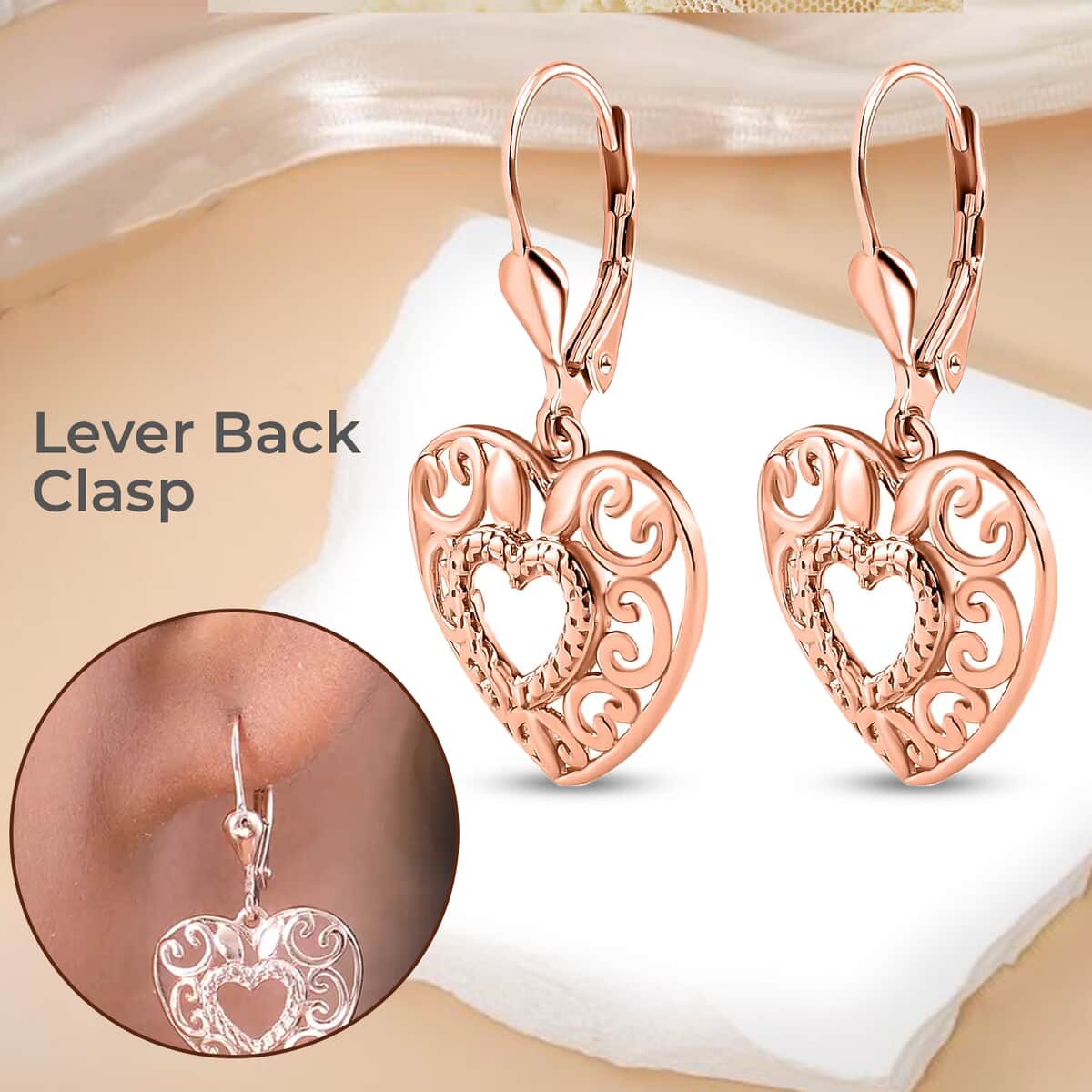 Openwork Lever Back Earrings in 14K Rose Gold Plated Sterling Silver| Heart Earrings For Women| Jewelry Gifts For Birthday image number 3