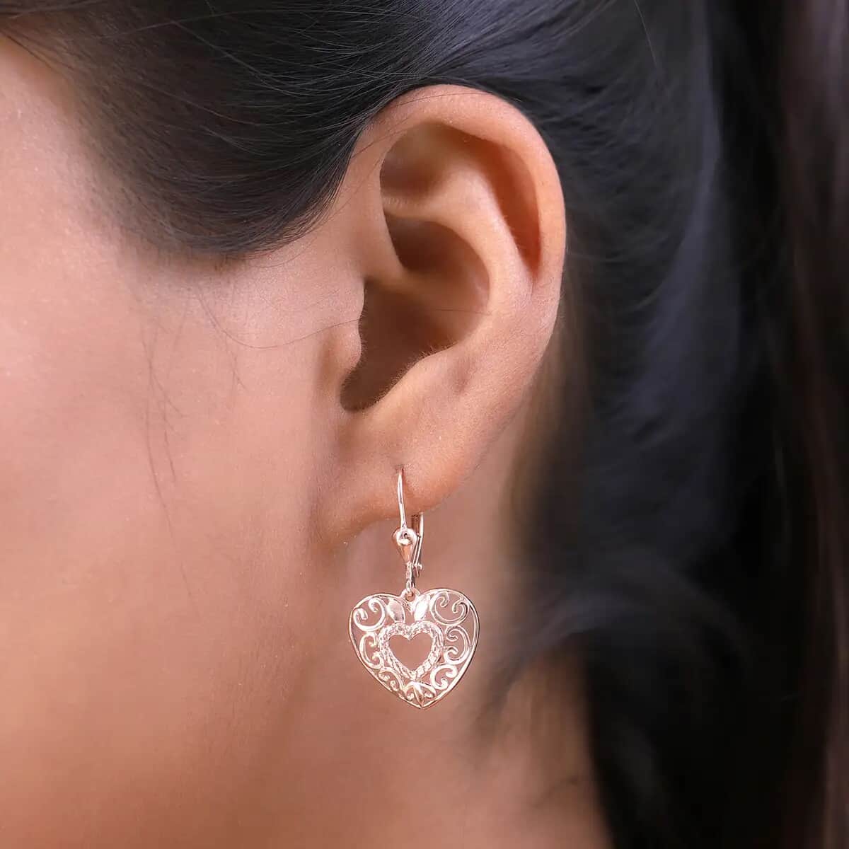 Openwork Lever Back Earrings in 14K Rose Gold Plated Sterling Silver| Heart Earrings For Women| Jewelry Gifts For Birthday image number 5