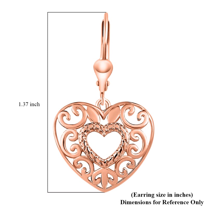 D'Joy Openwork Earrings, Filigree Earrings, Lever Back Earrings, Drop Earrings, 14K Rose Gold Plated Sterling Silver Earrings, Heart Earrings For Women, Jewelry Gifts For Birthday