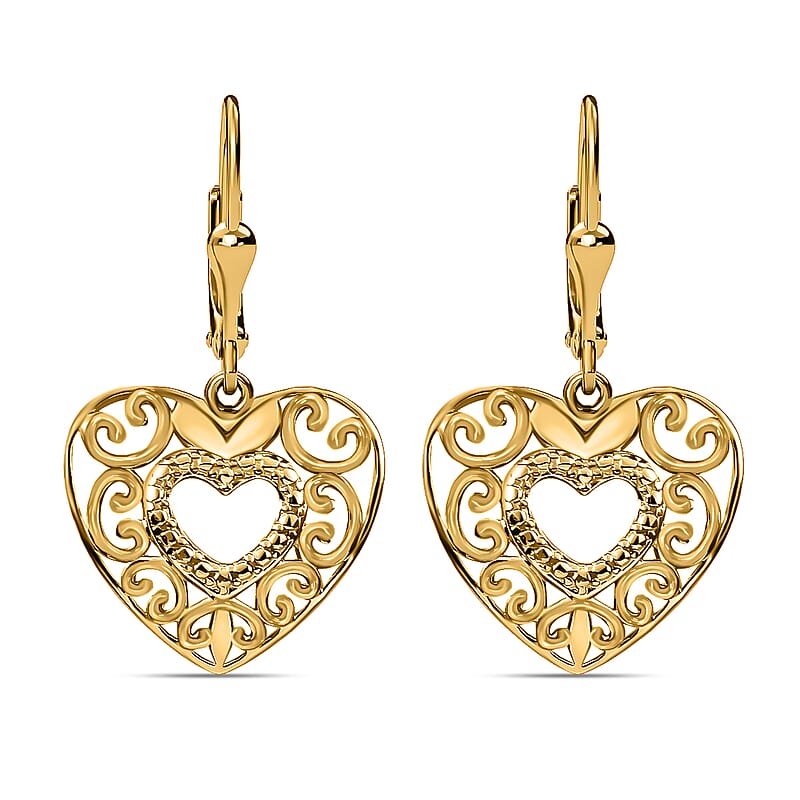 D'Joy 14K YG Plated Sterling Silver Filigree Round Hoop Earrings, Open Work Hoops For Women, Heart Earrings, Jewelry Gifts For Women, Lever Back Dangle Earrings