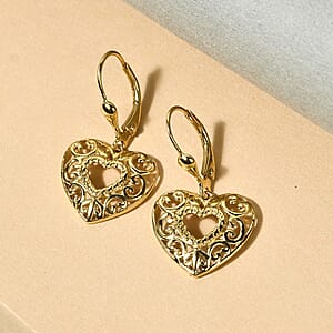 D'Joy 14K YG Plated Sterling Silver Filigree Round Hoop Earrings, Open Work Hoops For Women, Heart Earrings, Jewelry Gifts For Women, Lever Back Dangle Earrings
