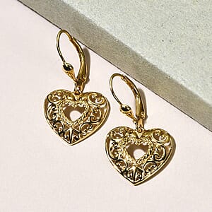 D'Joy 14K YG Plated Sterling Silver Filigree Round Hoop Earrings, Open Work Hoops For Women, Heart Earrings, Jewelry Gifts For Women, Lever Back Dangle Earrings
