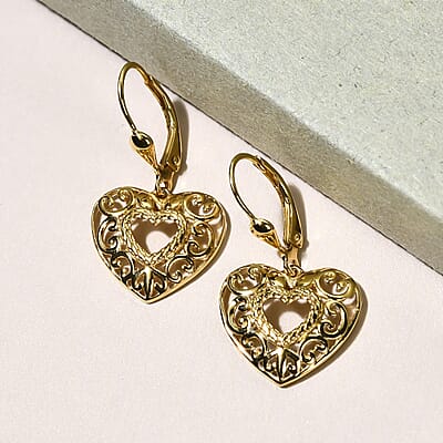D'Joy 14K YG Plated Sterling Silver Filigree Round Hoop Earrings, Open Work Hoops For Women, Heart Earrings, Jewelry Gifts For Women, Lever Back Dangle Earrings