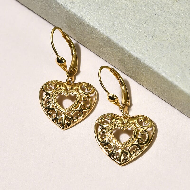 D'Joy 14K YG Plated Sterling Silver Filigree Round Hoop Earrings, Open Work Hoops For Women, Heart Earrings, Jewelry Gifts For Women, Lever Back Dangle Earrings