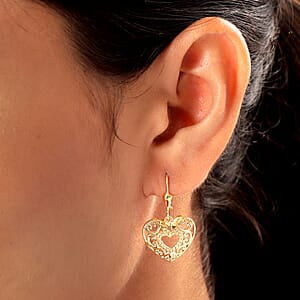 D'Joy 14K YG Plated Sterling Silver Filigree Round Hoop Earrings, Open Work Hoops For Women, Heart Earrings, Jewelry Gifts For Women, Lever Back Dangle Earrings