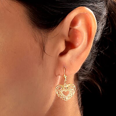 D'Joy 14K YG Plated Sterling Silver Filigree Round Hoop Earrings, Open Work Hoops For Women, Heart Earrings, Jewelry Gifts For Women, Lever Back Dangle Earrings
