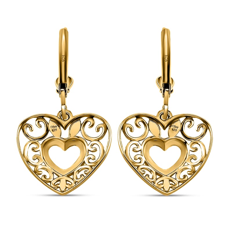 D'Joy 14K YG Plated Sterling Silver Filigree Round Hoop Earrings, Open Work Hoops For Women, Heart Earrings, Jewelry Gifts For Women, Lever Back Dangle Earrings