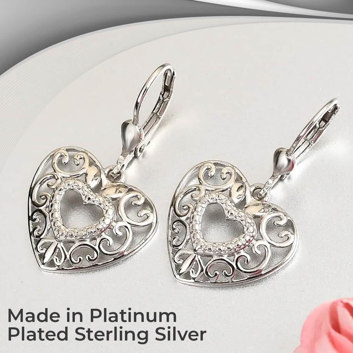 Mother’s Day Gift Openwork Earrings, Filigree Earrings, Lever Back Earrings, Drop Earrings, Platinum Plated Sterling Silver Earrings, Heart Earrings For Women, Jewelry Gifts For Birthday image number 1