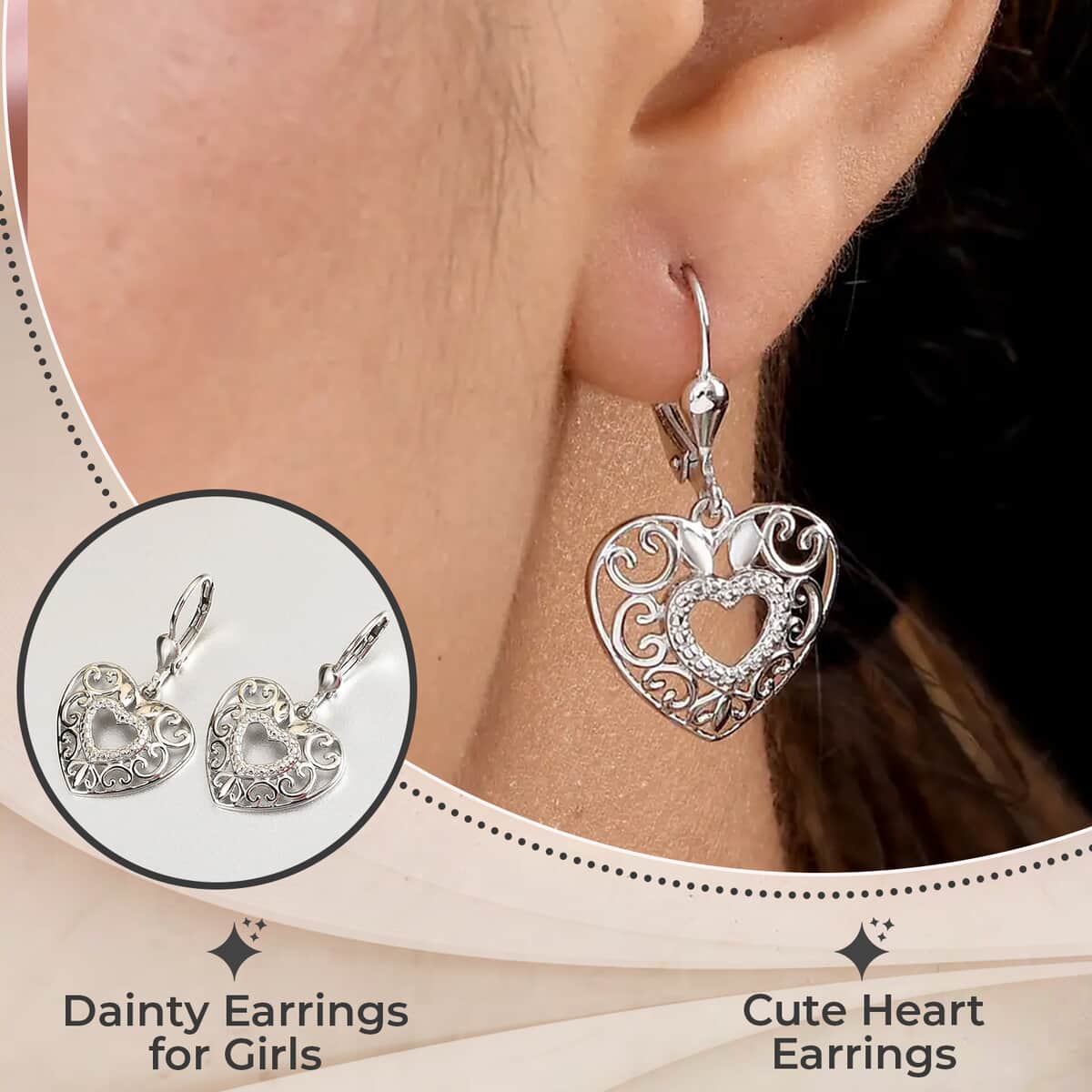 Mother’s Day Gift Openwork Earrings, Filigree Earrings, Lever Back Earrings, Drop Earrings, Platinum Plated Sterling Silver Earrings, Heart Earrings For Women, Jewelry Gifts For Birthday image number 2