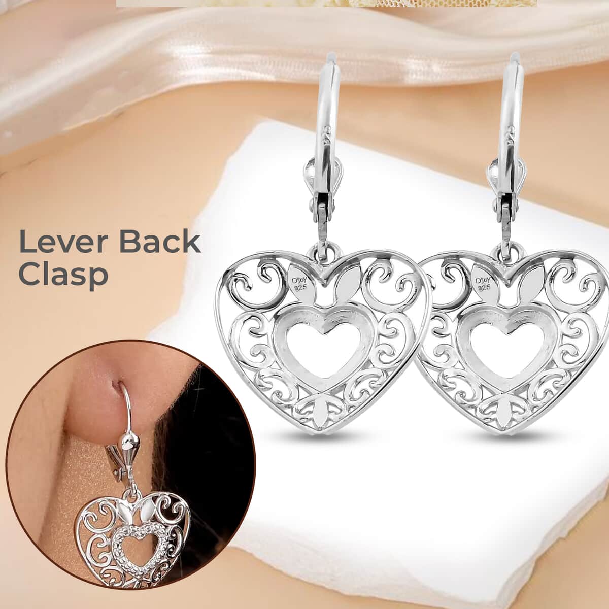Mother’s Day Gift Openwork Earrings, Filigree Earrings, Lever Back Earrings, Drop Earrings, Platinum Plated Sterling Silver Earrings, Heart Earrings For Women, Jewelry Gifts For Birthday image number 3