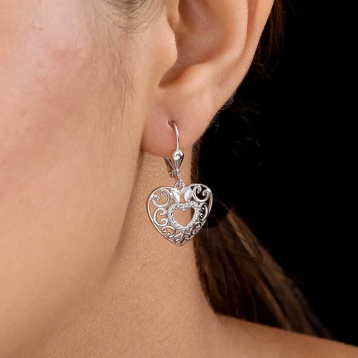 Mother’s Day Gift Openwork Earrings, Filigree Earrings, Lever Back Earrings, Drop Earrings, Platinum Plated Sterling Silver Earrings, Heart Earrings For Women, Jewelry Gifts For Birthday image number 5