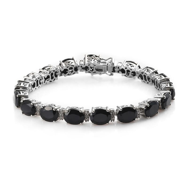 D'Joy Thai Black Spinel, White Zircon Bracelet in Platinum Over Sterling Silver 40.50 ctw (7.25 Inches)