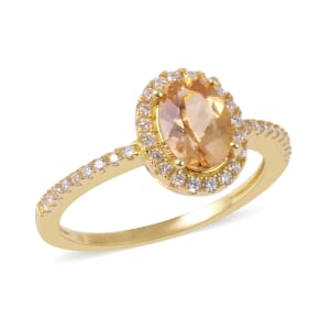 Iliana 18K Yellow Gold AAA Imperial Topaz and G-H SI Diamond Halo Ring (Size 6) 2.35 Grams 1.00 ctw