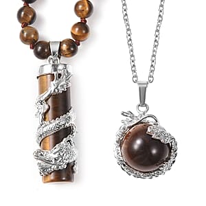 Tigers Eye Dragon Sphere Pendant in Silvertone and Beaded Dragon Scroll Necklace 20-22 Inches with Stainless Steel Necklace 20 Inches 186.25 ctw