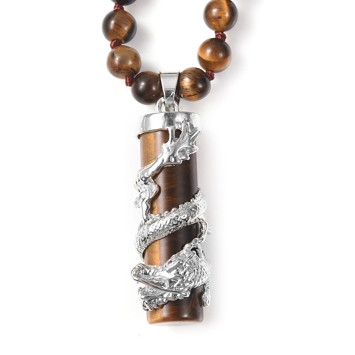 Tigers Eye Dragon Sphere Pendant in Silvertone and Beaded Dragon Scroll Necklace 20-22 Inches with Stainless Steel Necklace 20 Inches 186.25 ctw image number 1