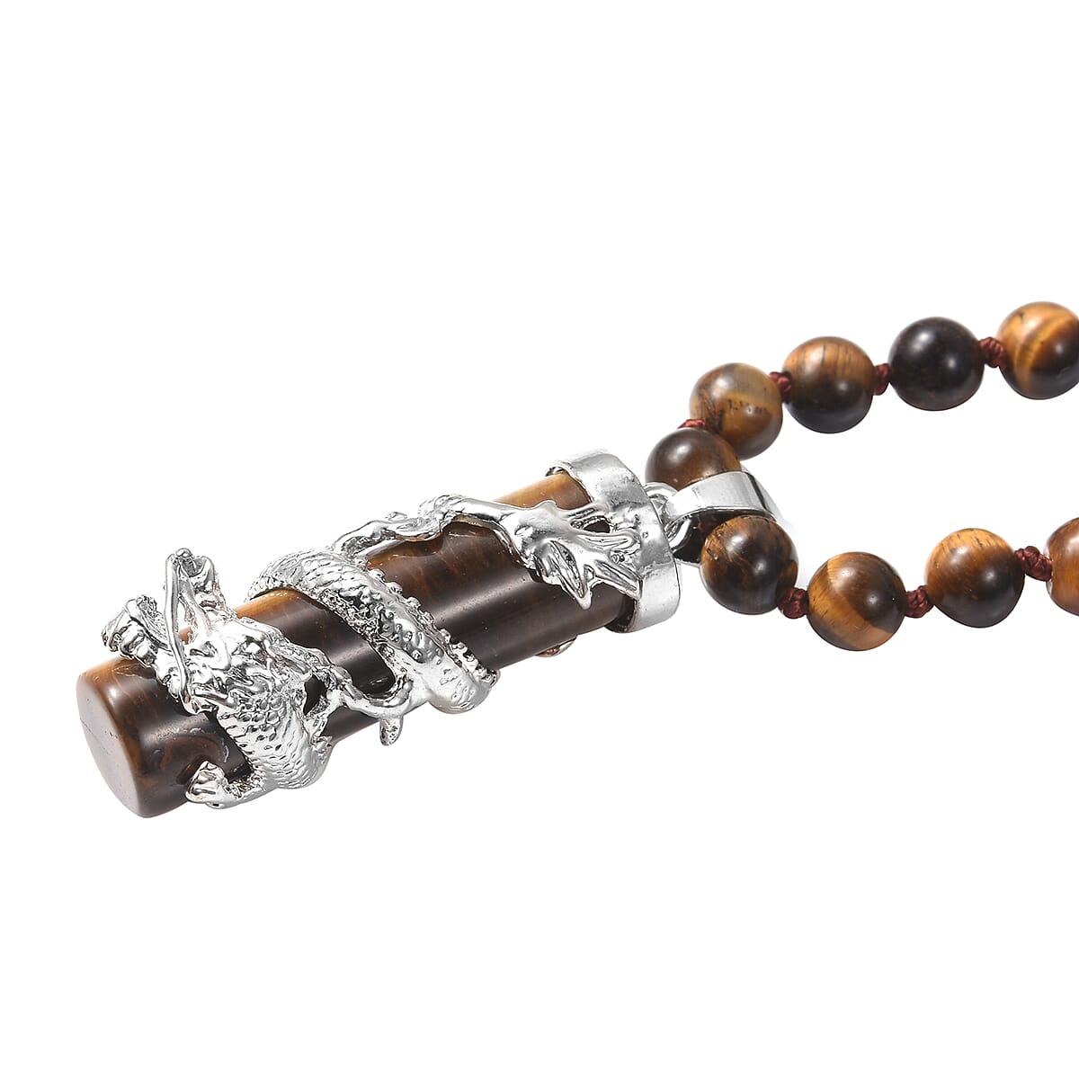 Tigers Eye Dragon Sphere Pendant in Silvertone and Beaded Dragon Scroll Necklace 20-22 Inches with Stainless Steel Necklace 20 Inches 186.25 ctw image number 2