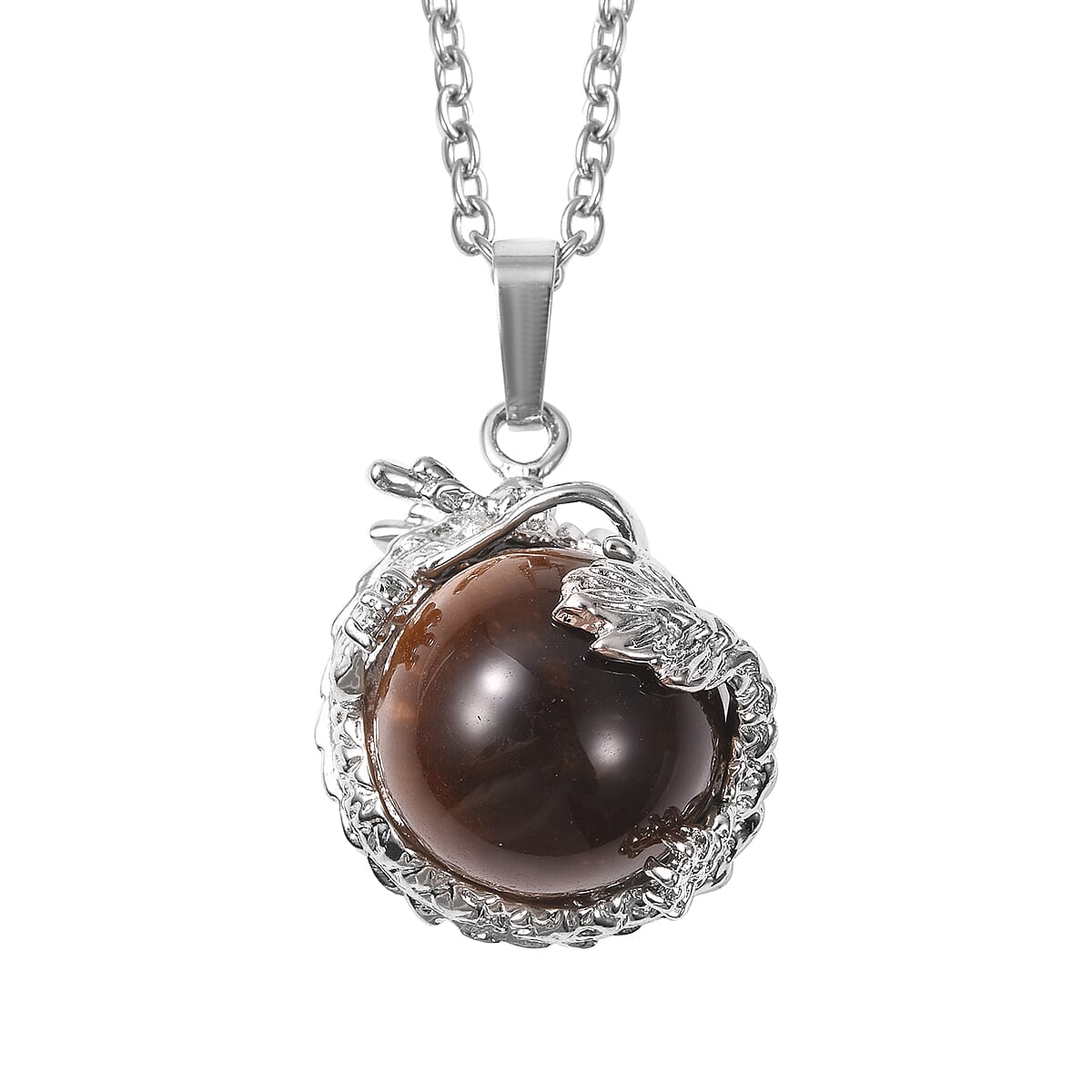 Tigers Eye Dragon Sphere Pendant in Silvertone and Beaded Dragon Scroll Necklace 20-22 Inches with Stainless Steel Necklace 20 Inches 186.25 ctw image number 3