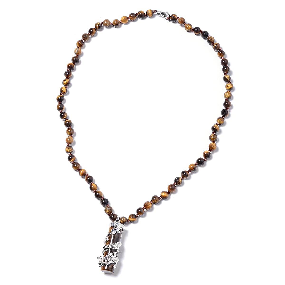 Tigers Eye Dragon Sphere Pendant in Silvertone and Beaded Dragon Scroll Necklace 20-22 Inches with Stainless Steel Necklace 20 Inches 186.25 ctw image number 6