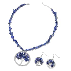 Lapis Lazuli 271.00 ctw Family Tree of Life Earrings and Pendant Necklace in Stainless Steel 18-20 Inches