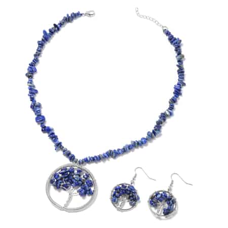 Lapis Lazuli Family Tree of Life Earrings and Pendant Necklace 18-20 Inches in Stainless Steel 271.00 ctw image number 0