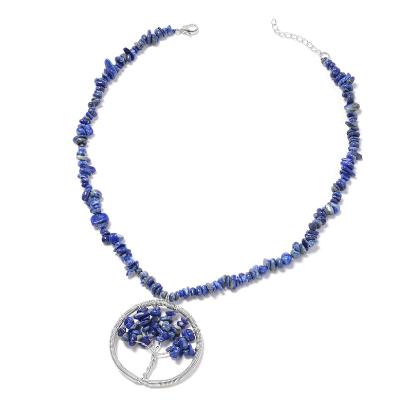 Lapis Lazuli 271.00 ctw Family Tree of Life Earrings and Pendant Necklace in Stainless Steel 18-20 Inches