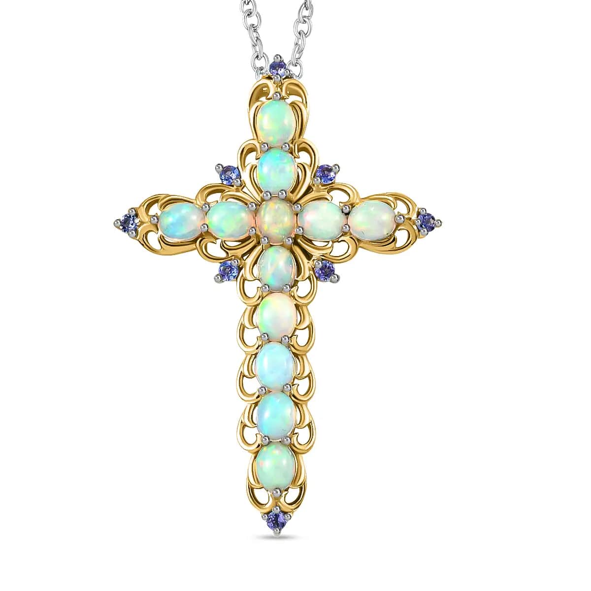 Premium Ethiopian Welo Opal Cross Pendant Necklace, Tanzanite Accent Cross Pendant Necklace, Vermeil YG and Platinum Over Sterling Silver Necklace, 20 Inch Necklace 3.15 ctw image number 0