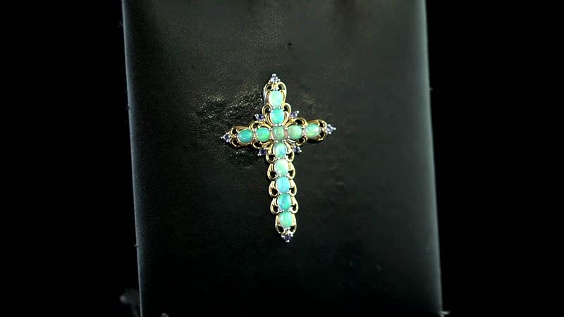 Premium Ethiopian Welo Opal 3.15 ctw Cross Pendant Necklace, Tanzanite Accent Cross Pendant Necklace, Vermeil YG and Platinum Over Sterling Silver Necklace, 20 Inch Necklace