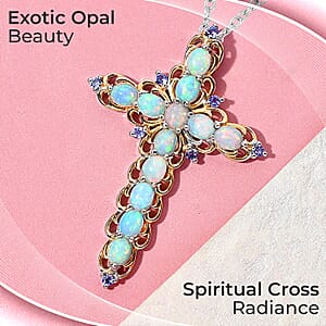 Premium Ethiopian Welo Opal 3.15 ctw Cross Pendant Necklace, Tanzanite Accent Cross Pendant Necklace, Vermeil YG and Platinum Over Sterling Silver Necklace, 20 Inch Necklace