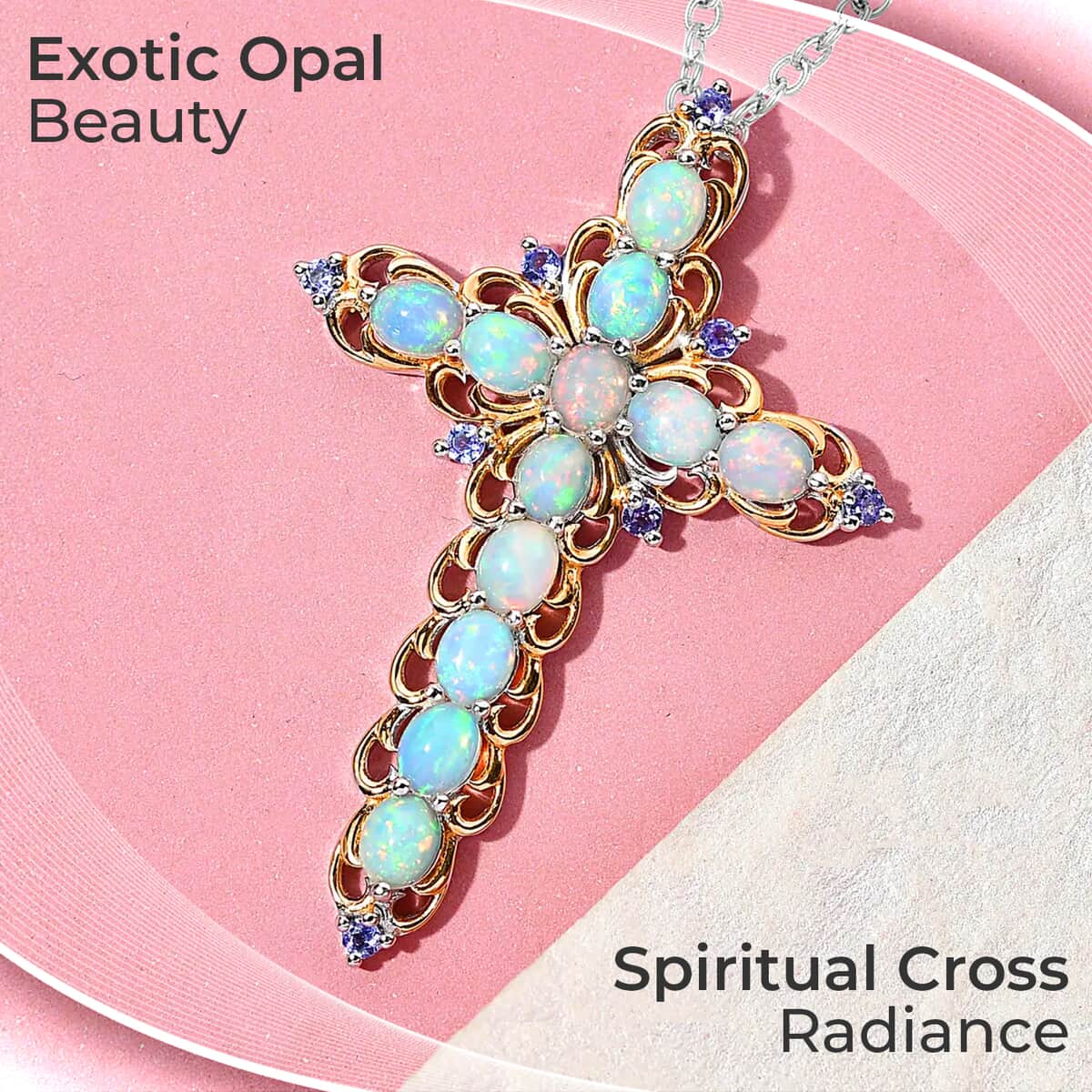 Premium Ethiopian Welo Opal Cross Pendant Necklace, Tanzanite Accent Cross Pendant Necklace, Vermeil YG and Platinum Over Sterling Silver Necklace, 20 Inch Necklace 3.15 ctw image number 1