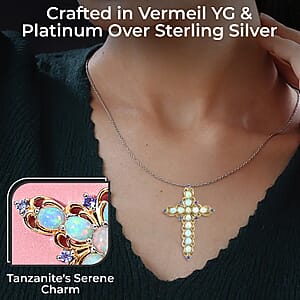 Premium Ethiopian Welo Opal 3.15 ctw Cross Pendant Necklace, Tanzanite Accent Cross Pendant Necklace, Vermeil YG and Platinum Over Sterling Silver Necklace, 20 Inch Necklace