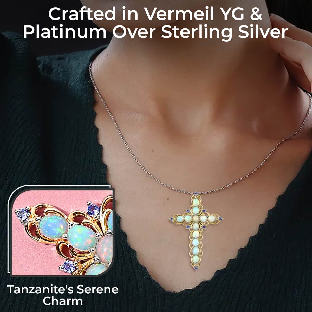 Premium Ethiopian Welo Opal Cross Pendant Necklace, Tanzanite Accent Cross Pendant Necklace, Vermeil YG and Platinum Over Sterling Silver Necklace, 20 Inch Necklace 3.15 ctw image number 2
