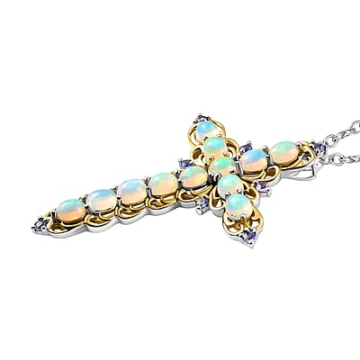 Premium Ethiopian Welo Opal 3.15 ctw Cross Pendant Necklace, Tanzanite Accent Cross Pendant Necklace, Vermeil YG and Platinum Over Sterling Silver Necklace, 20 Inch Necklace