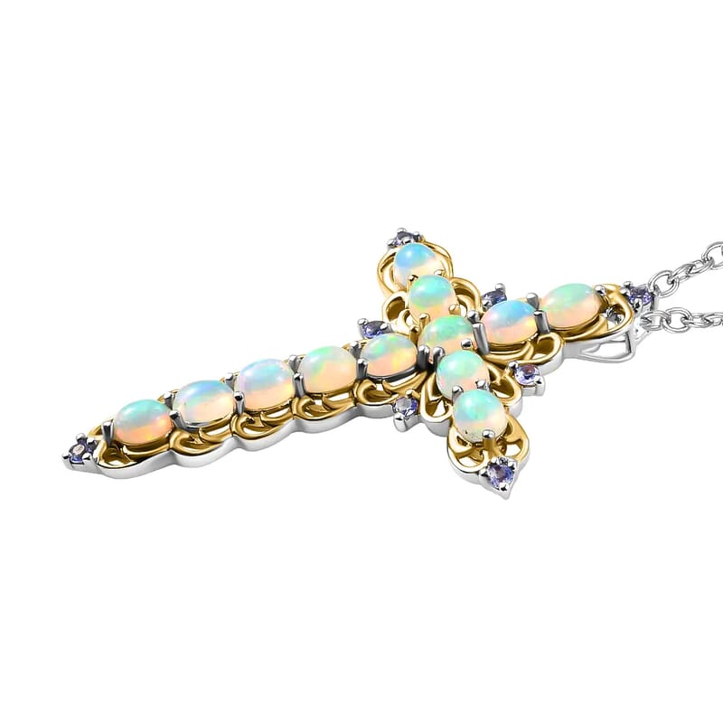 Premium Ethiopian Welo Opal 3.15 ctw Cross Pendant Necklace, Tanzanite Accent Cross Pendant Necklace, Vermeil YG and Platinum Over Sterling Silver Necklace, 20 Inch Necklace