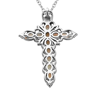 Premium Ethiopian Welo Opal 3.15 ctw Cross Pendant Necklace, Tanzanite Accent Cross Pendant Necklace, Vermeil YG and Platinum Over Sterling Silver Necklace, 20 Inch Necklace