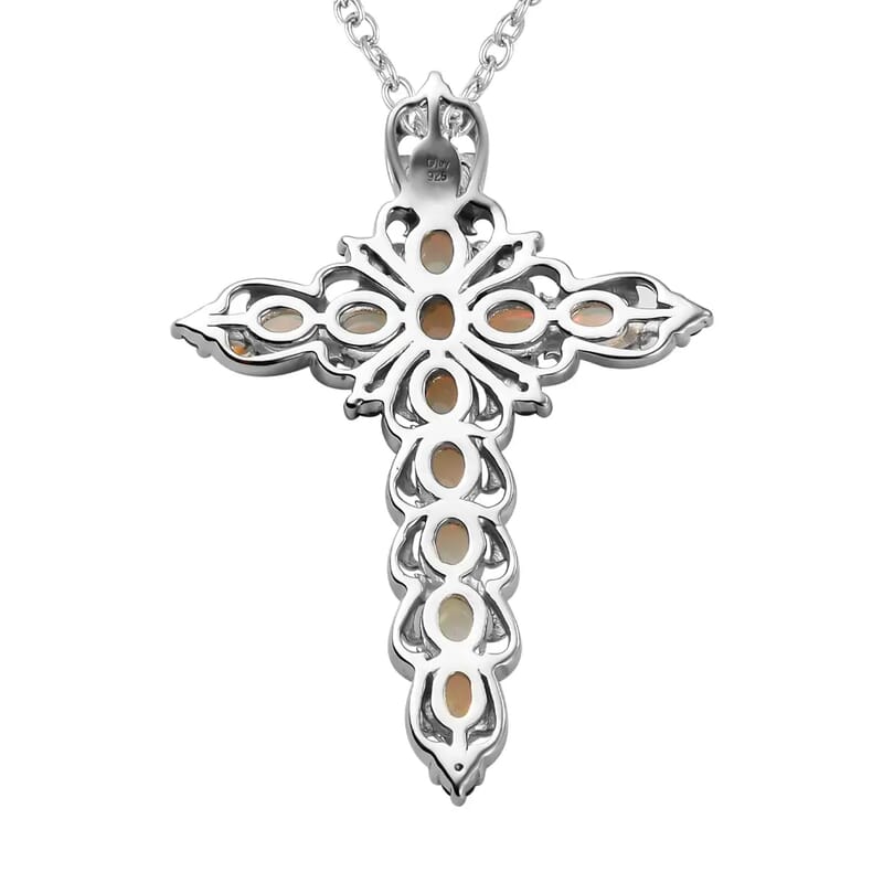 Premium Ethiopian Welo Opal 3.15 ctw Cross Pendant Necklace, Tanzanite Accent Cross Pendant Necklace, Vermeil YG and Platinum Over Sterling Silver Necklace, 20 Inch Necklace