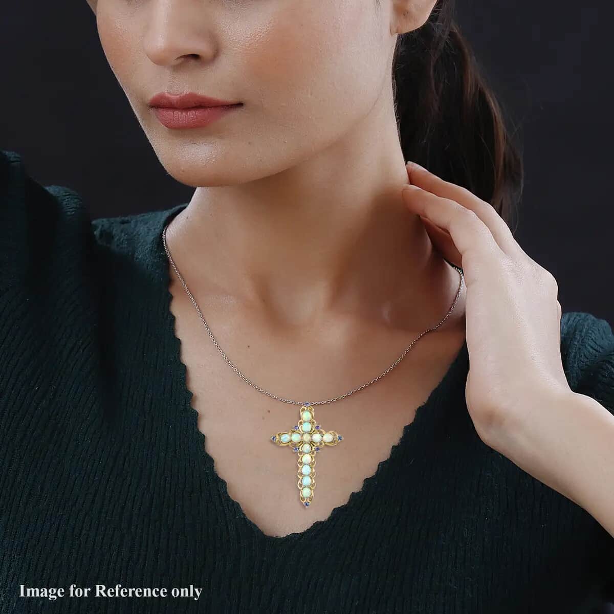 Premium Ethiopian Welo Opal Cross Pendant Necklace, Tanzanite Accent Cross Pendant Necklace, Vermeil YG and Platinum Over Sterling Silver Necklace, 20 Inch Necklace 3.15 ctw image number 5