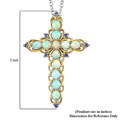 Premium Ethiopian Welo Opal 3.15 ctw Cross Pendant Necklace, Tanzanite Accent Cross Pendant Necklace, Vermeil YG and Platinum Over Sterling Silver Necklace, 20 Inch Necklace