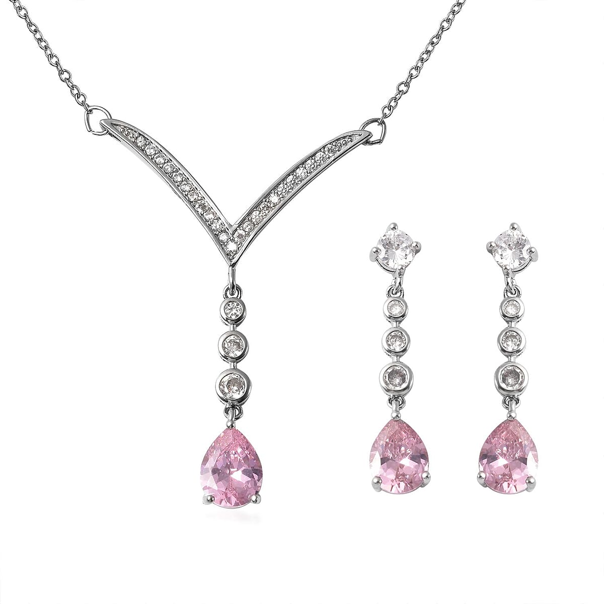 Simulated Pink Diamond White Diamond 6.50 ctw Drop Earrings  Necklace in Silvertone, Simulated Diamond Jewelry Set 18-20 Inches image number 0