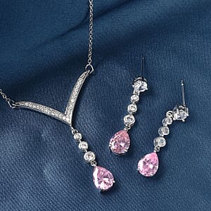 Simulated Pink Diamond White Diamond 6.50 ctw Drop Earrings  Necklace in Silvertone, Simulated Diamond Jewelry Set 18-20 Inches