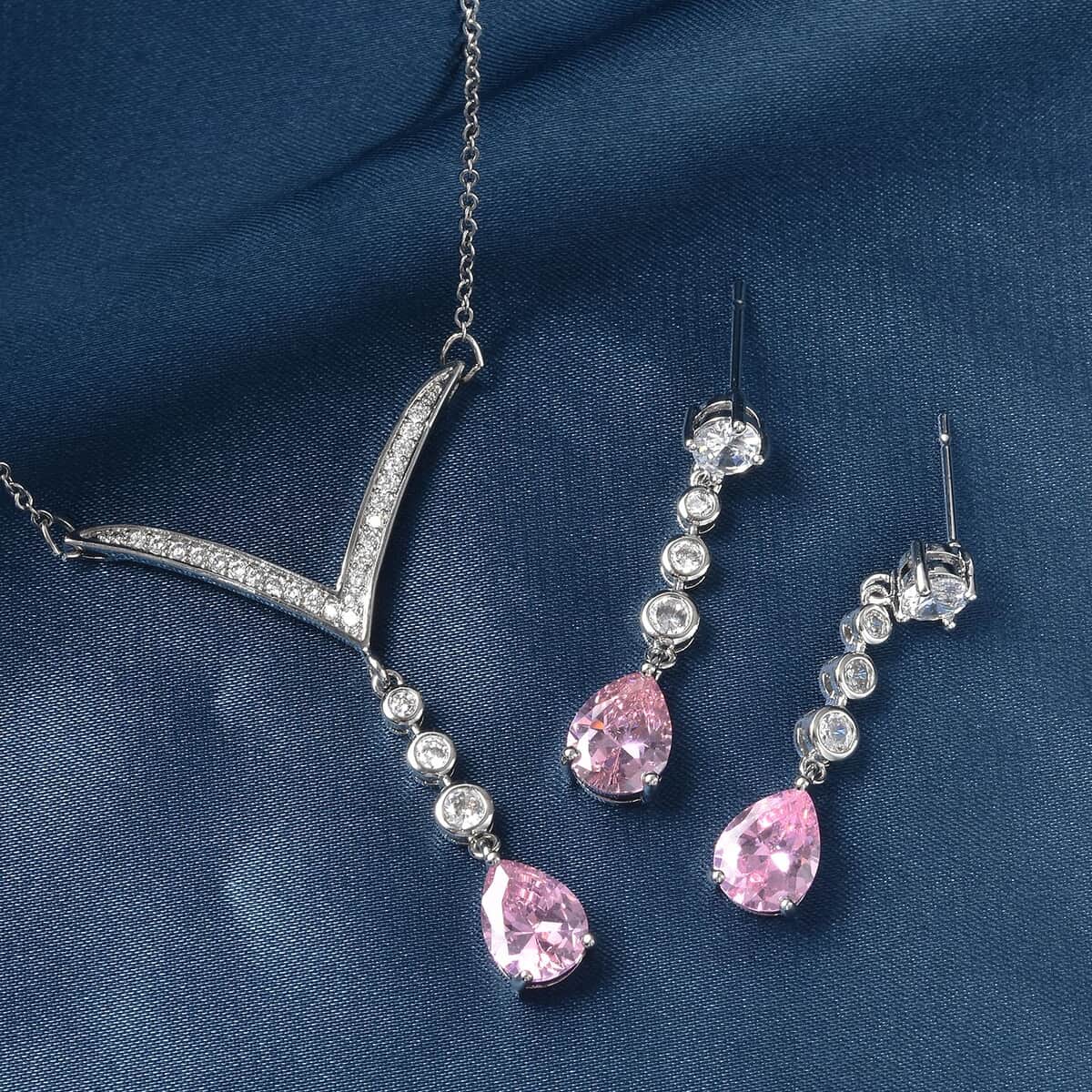 Simulated Pink and White Diamond Earrings and Necklace 18 Inches in Silvertone image number 1