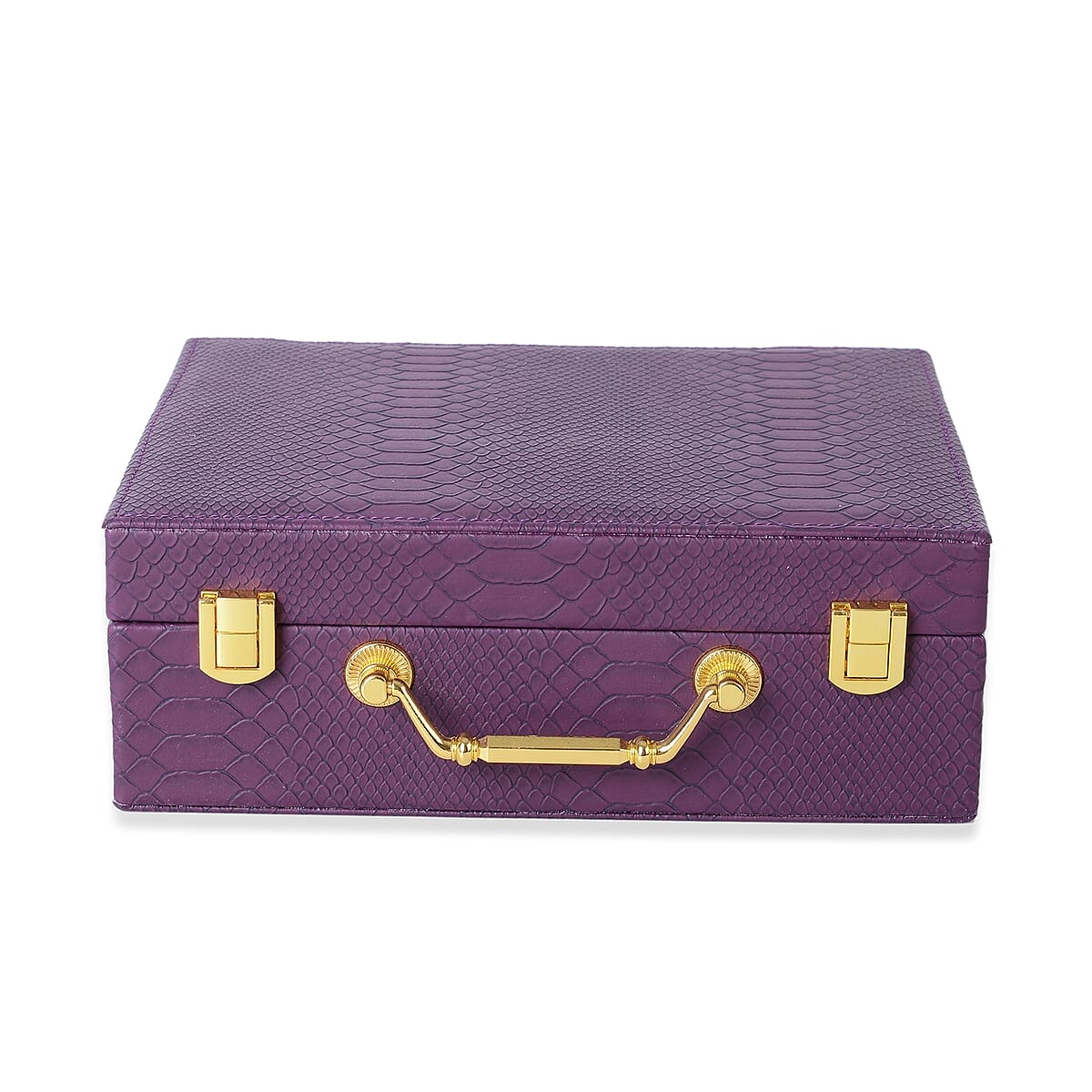 Purple Removable 2-Tier Croco Embossed Faux Leather Jewelry Box (9.5x3.25x7.25 in) and Organizer (8.5x2.25x3 in) image number 1