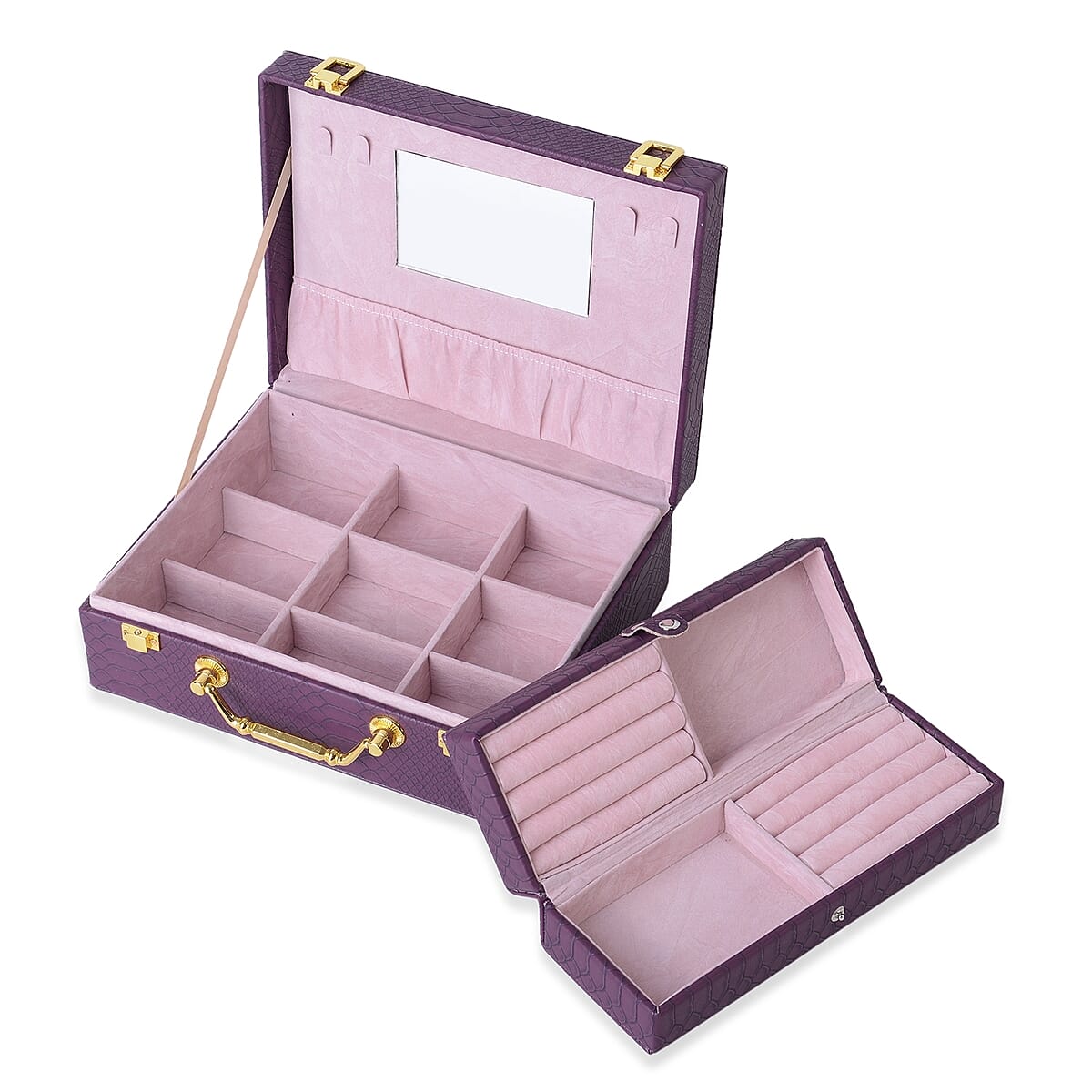 Purple Removable 2-Tier Croco Embossed Faux Leather Jewelry Box (9.5x3.25x7.25 in) and Organizer (8.5x2.25x3 in) image number 4