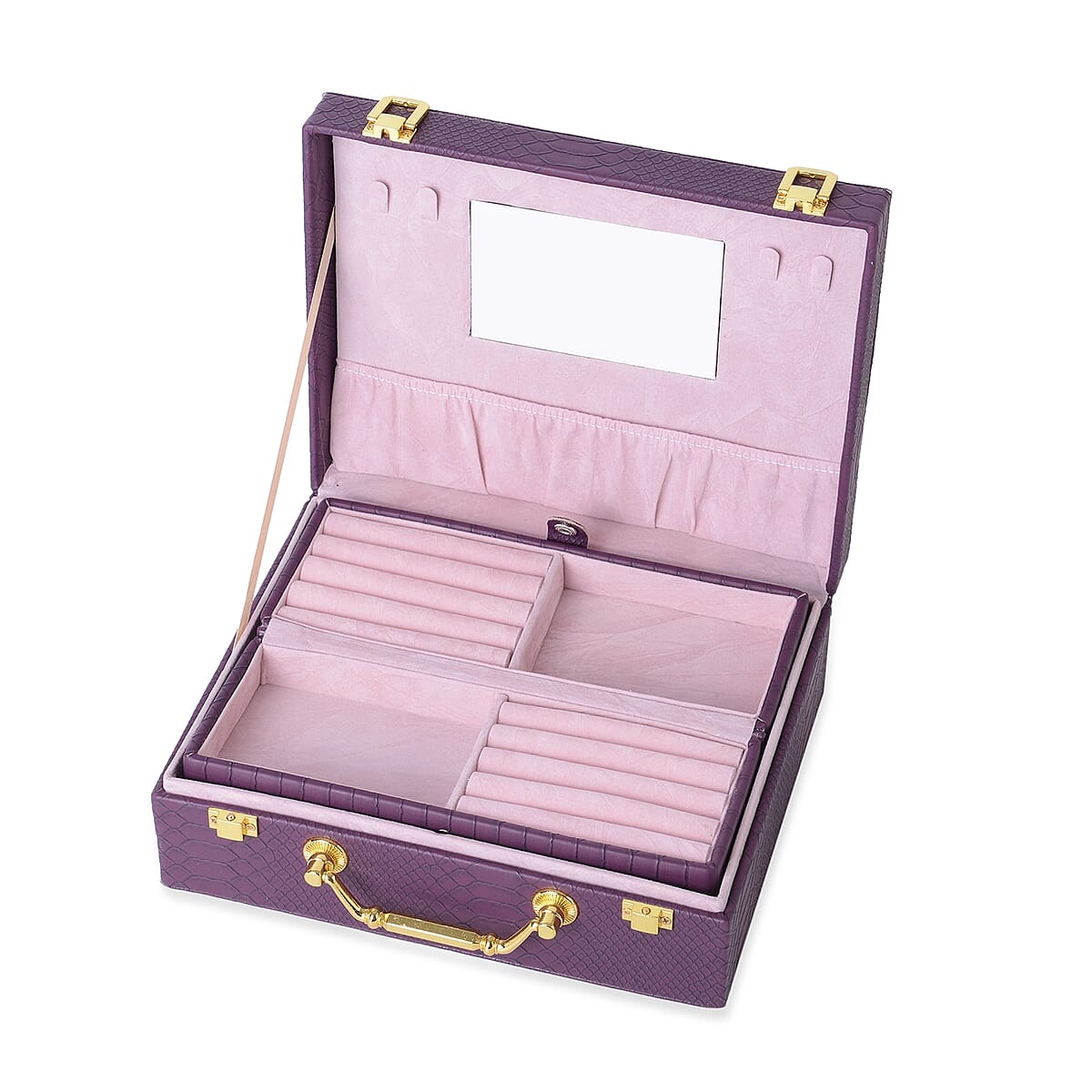 Purple Removable 2-Tier Croco Embossed Faux Leather Jewelry Box (9.5x3.25x7.25 in) and Organizer (8.5x2.25x3 in) image number 5