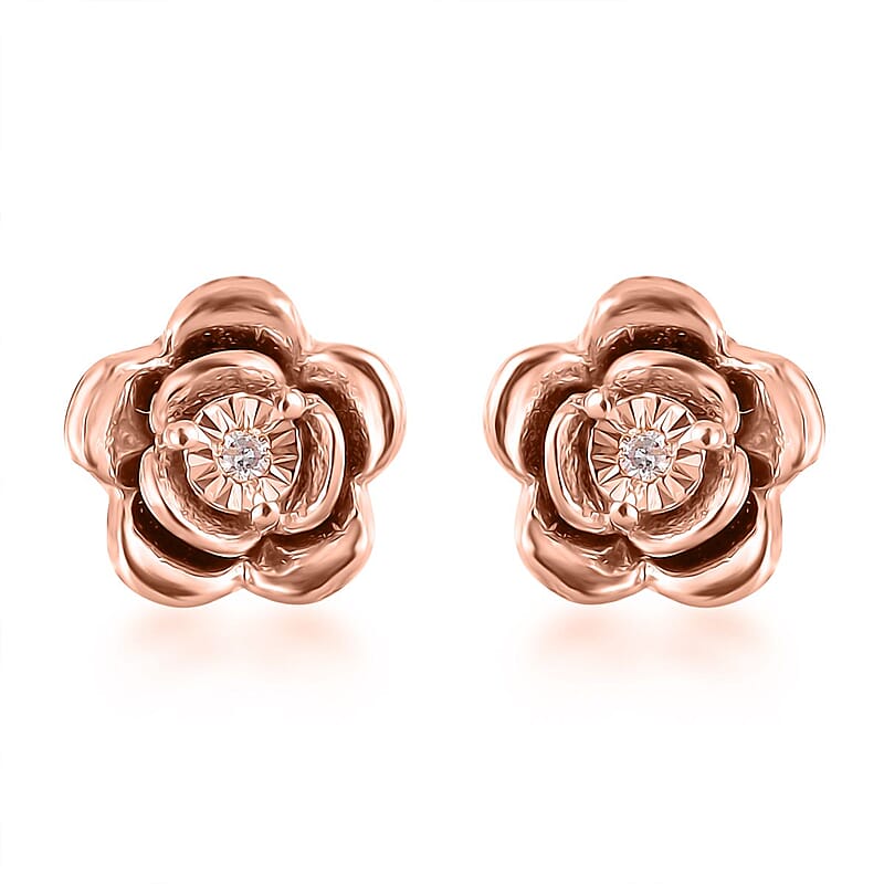D'Joy Natural Pink Diamond Accent Earrings, Rose Studs, Flower Earrings, Rose Earrings, Sterling Silver Earrings, Floral Earrings in Vermeil RG Over Sterling Silver