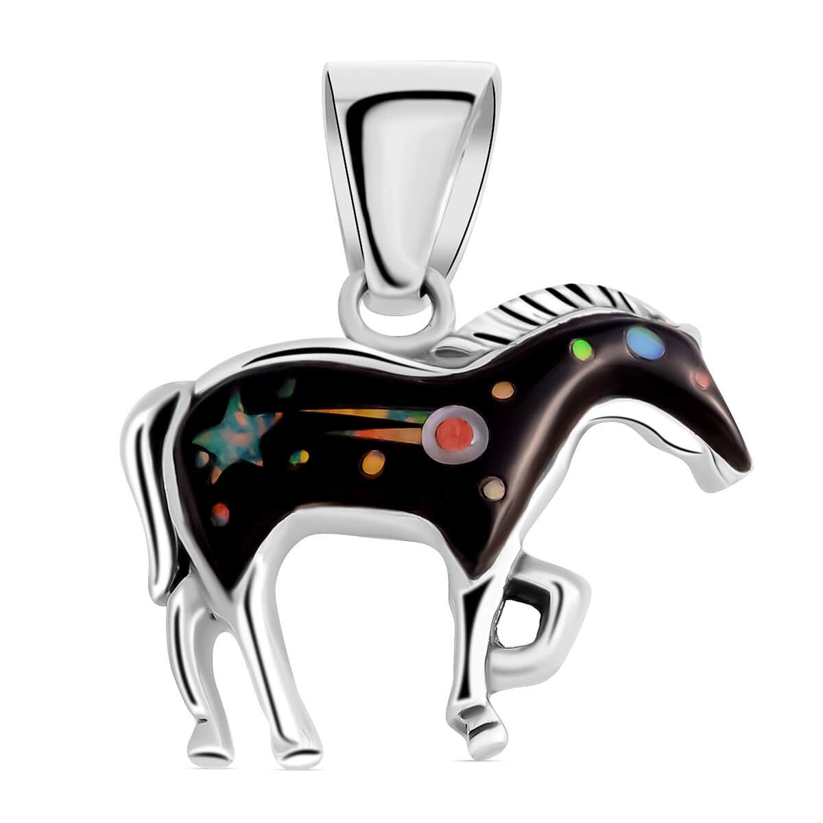 Santa Fe Style Black Onyx Pendant in Sterling Silver, Horse Pendant For Women 1.25 ctw image number 0