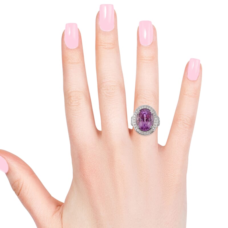 Rhapsody Kunzite and E-F VS Diamond 12.10 ctw Halo Ring in 950 Platinum (Size 7.0) 12.20 Grams 